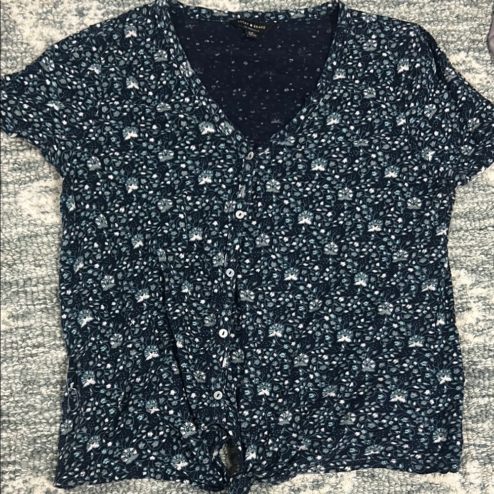 Lucky Brand Blue Tie Front Short Sleeve Blouse